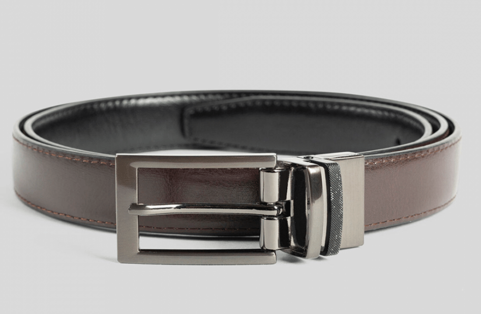 Dark brown and black reversible leather dress belt with gunmetal rectangular buckle