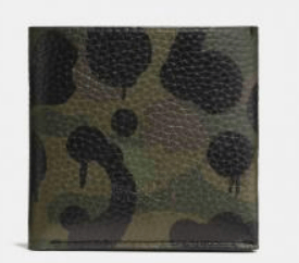 Green and black camouflage pebbled leather compact wallet