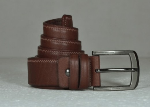 Mahogany brown leather belt with cream zigzag contrast stitching and gunmetal buckle