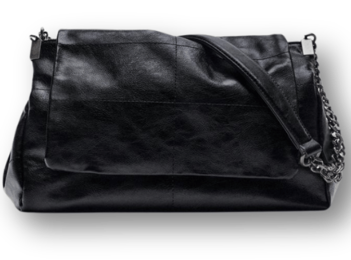 Black crinkled leather flap shoulder bag with chain strap detail
