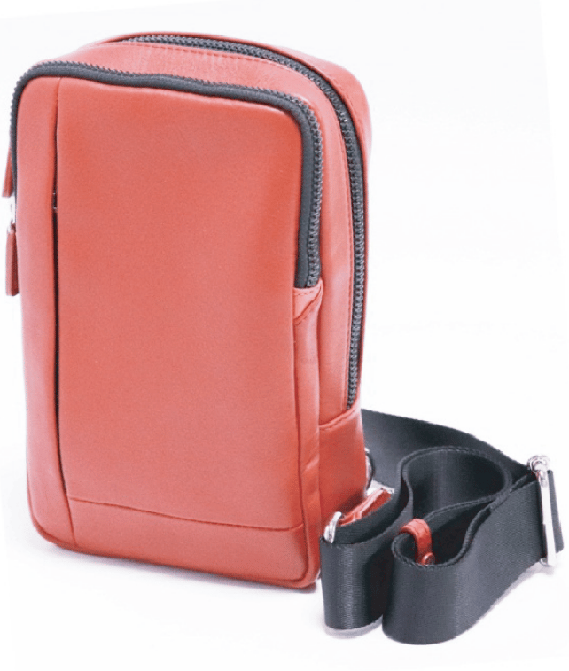 Brick red vertical leather crossbody pouch with black webbing strap