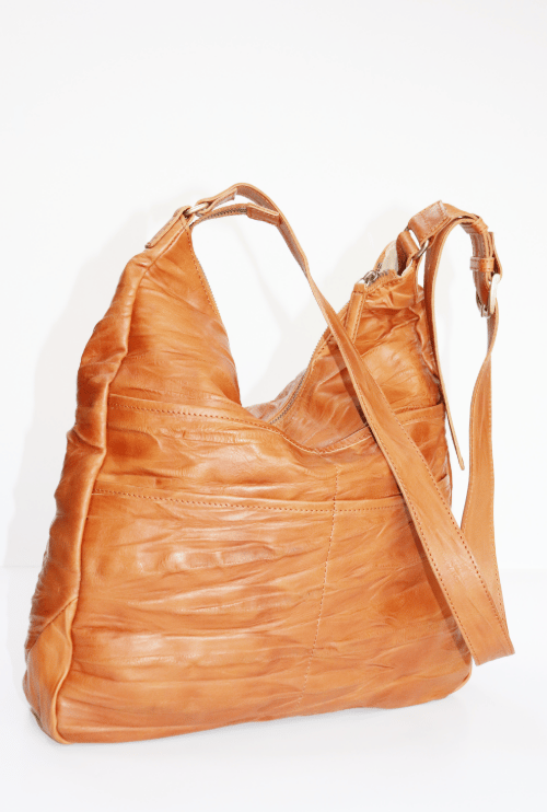 Cognac ruched leather hobo bag with fixed strap and detachable crossbody strap