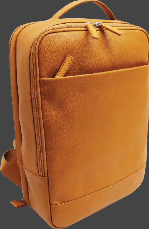 Ochre textured leather slim backpack with front zip pocket and top handle
