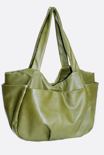 Olive green slouchy shoulder bag with front slip pockets