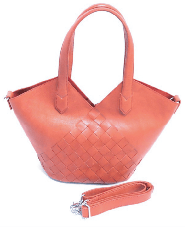 Terracotta leather flared tote with woven lower panel and detachable strap