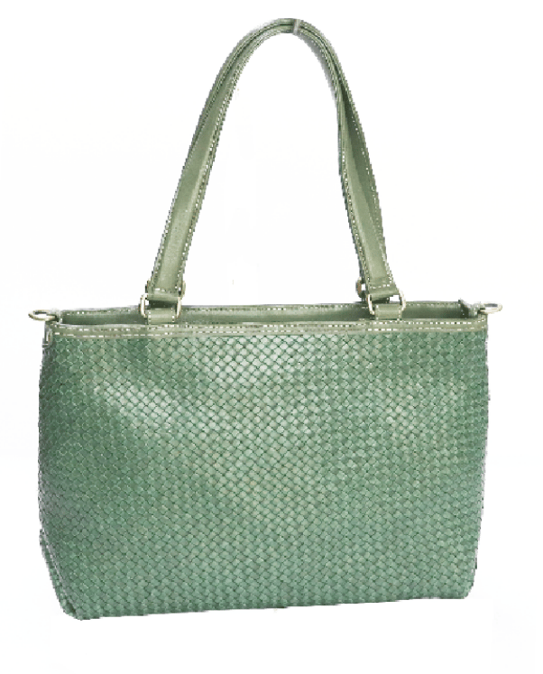 Sage green basket-weave tote with gold-tone handle rings