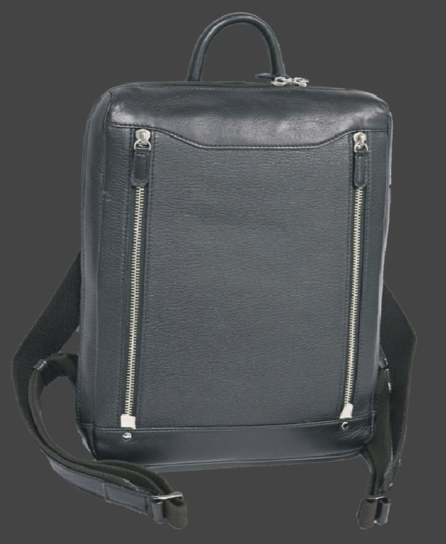 Black pebbled leather slim backpack with dual vertical front zippers