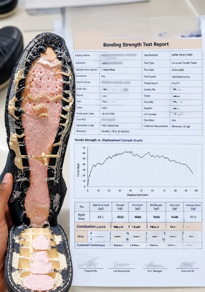 Bonding strength test report with shoe sample photo and tensile strength results